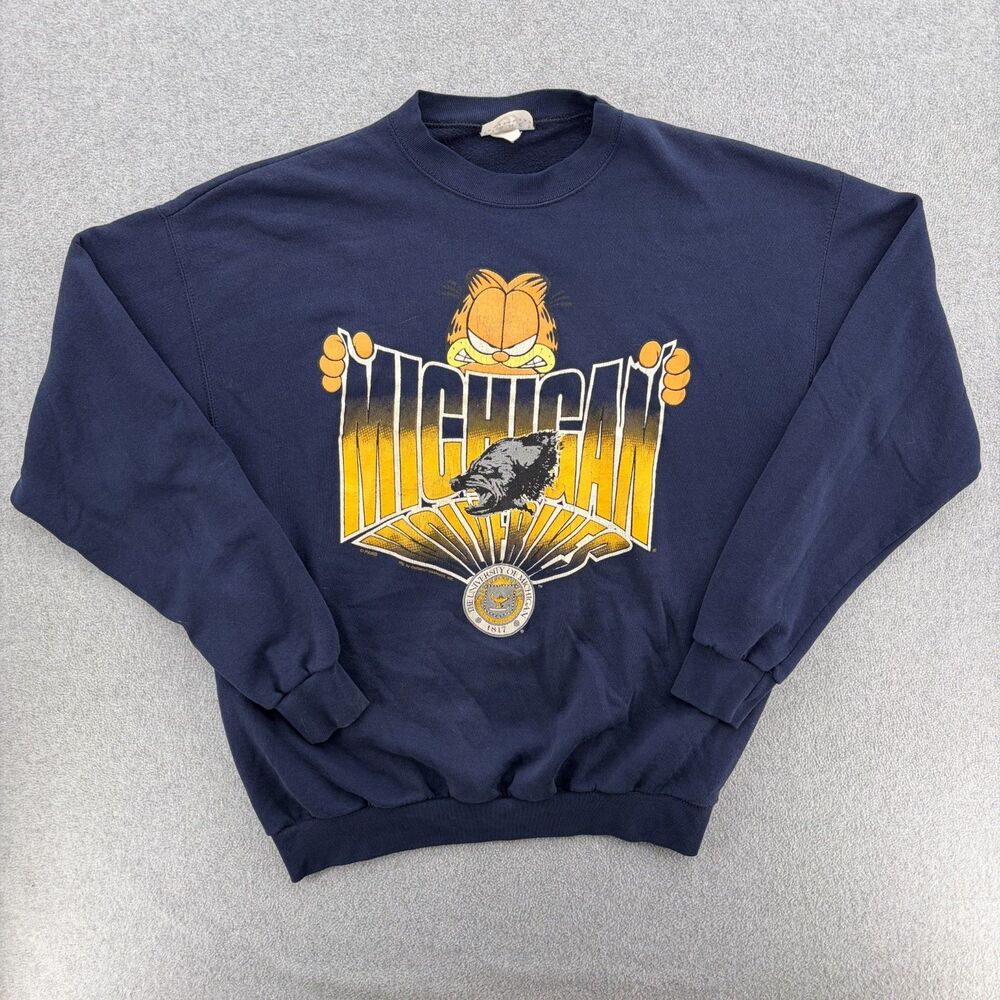 Vintage 70s Rare Garfield Michigan Wolverines Crewneck Sweatshirt Navy USA XL